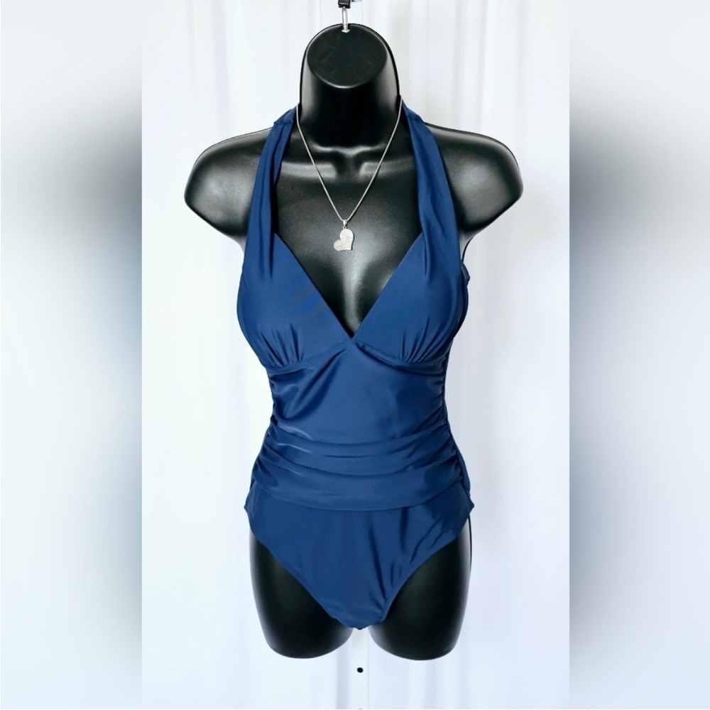 Cupshe Medium 1 Piece Halter Deep V Neck  Swimsuit With Tummy Control  Navy Blue